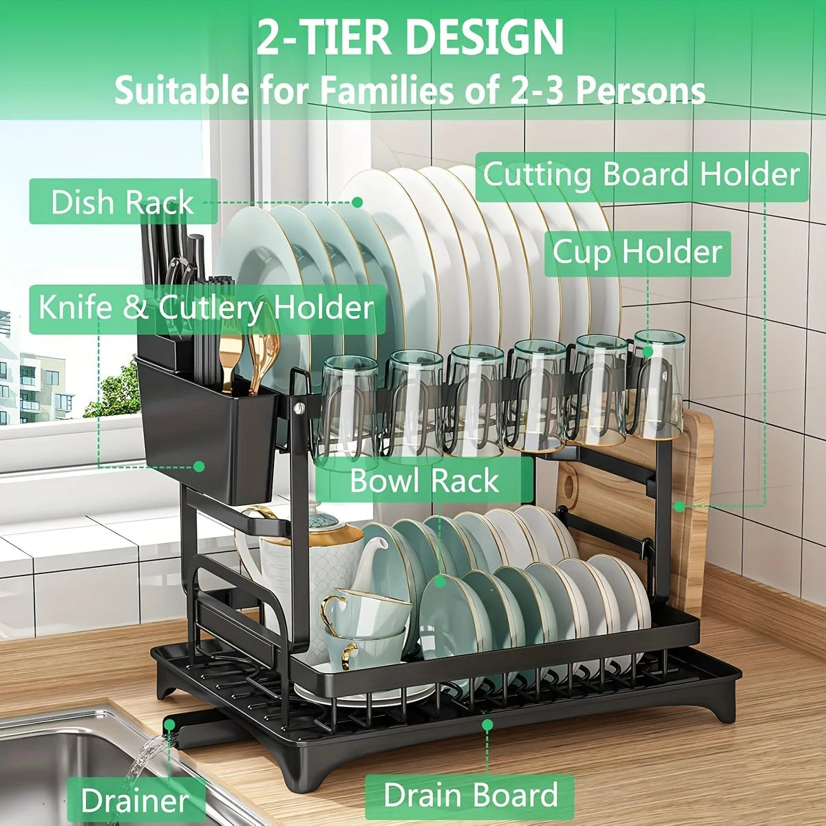 Kitchen Utensil Drying Rack with Drainage Tray, 2 Tier Detachable Dish Rack for Kitchen Counter, Large Capacity Dish Drainer Org
