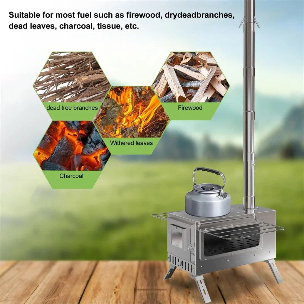 Wood Burning Tent Stove Portable With Stainless Chimney Pipes For Outdoors