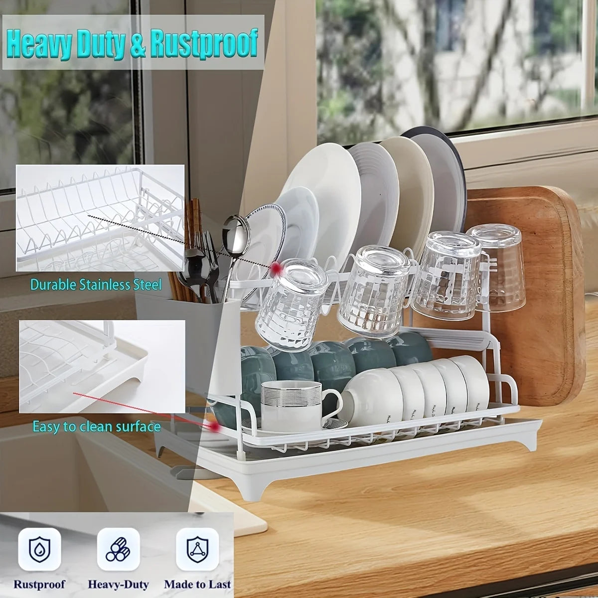 Kitchen Utensil Drying Rack with Drainage Tray, 2 Tier Detachable Dish Rack for Kitchen Counter, Large Capacity Dish Drainer Org