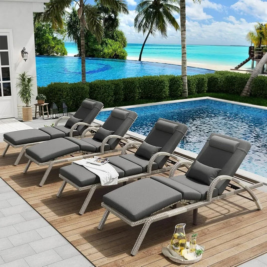 Pool Lounge Chairs with Adjustable 5 Position Backrest & Leg Support, PE Rattan Chaise Lounge Patio Chairs