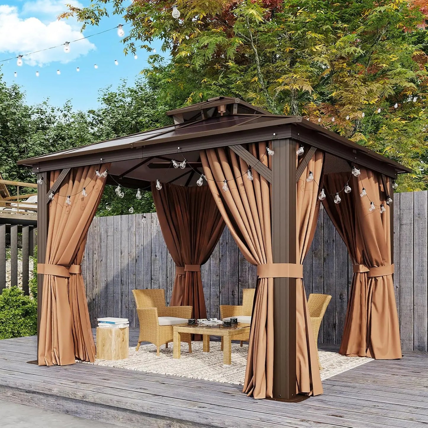 10'x10' Hardtop Gazebo, Outdoor Polycarbonate Double Top Canopy, Aluminum Frame Gazebo with Netting and Curtains,Customized
