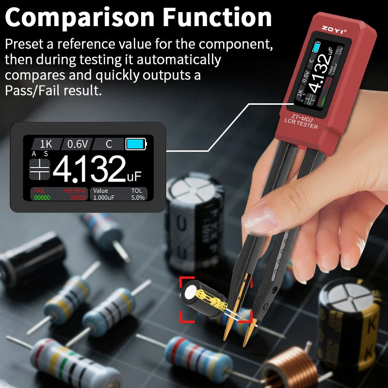 ZOYI ZT-MD2 LCR Tweezer: Auto-ID, measures voltage/resistance/frequency(100KHz), continuity test. For electronics repair