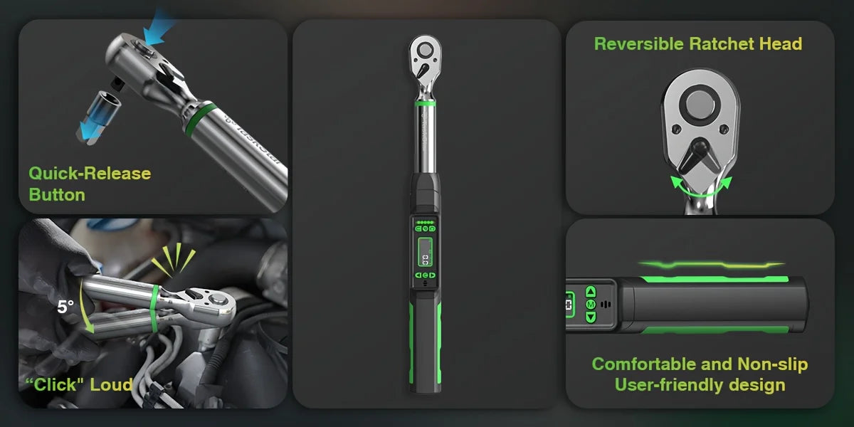 TaskStar 3/8'' Digital Torque Wrench w/1/4 1/2-inch Adapter Bidirectional Ratchet Head Mini Electronic Torque Wrench 2% Accuracy