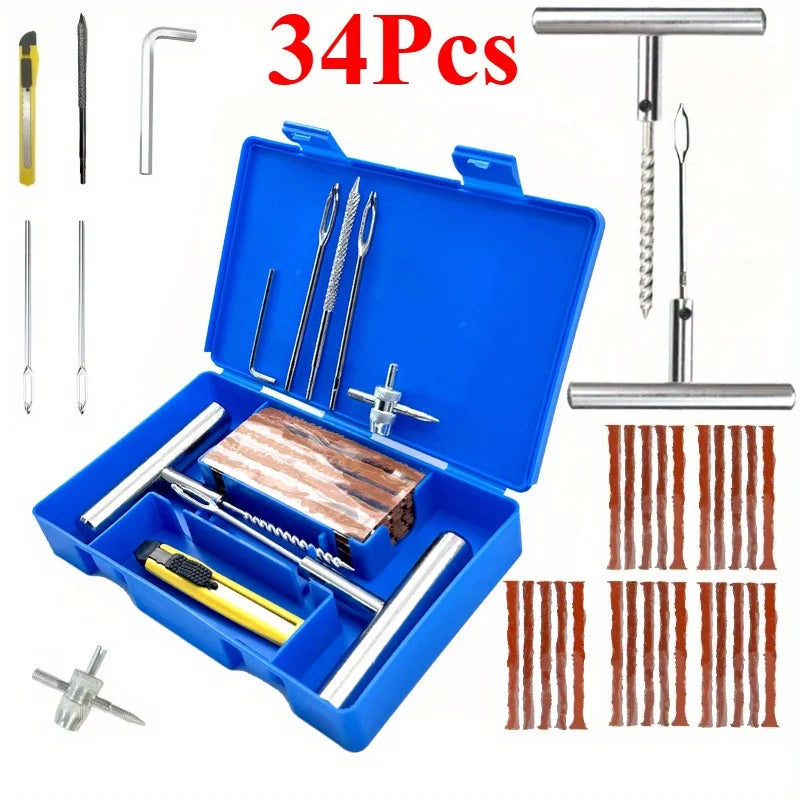 34/58pcs Auto Tire Repair Set Puncture Repair Tools Car Van Motorcycle Bike Emergency Heavy Duty Tubeless Tire Repair Rivet Set