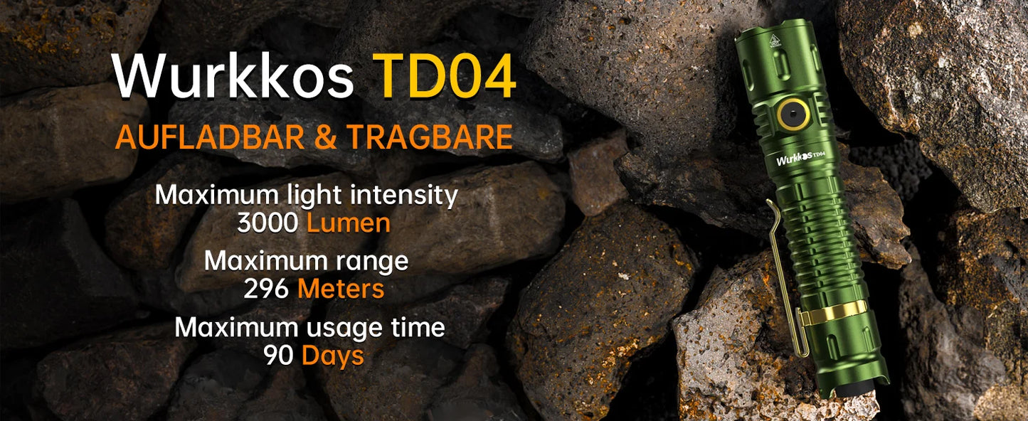 Wurkkos TD04 Flashlight 21700 Rechargeable Dual-Mode Tactical Flashlight USB-C Interface 3000 Lm Everyday Carry with Tail Switch