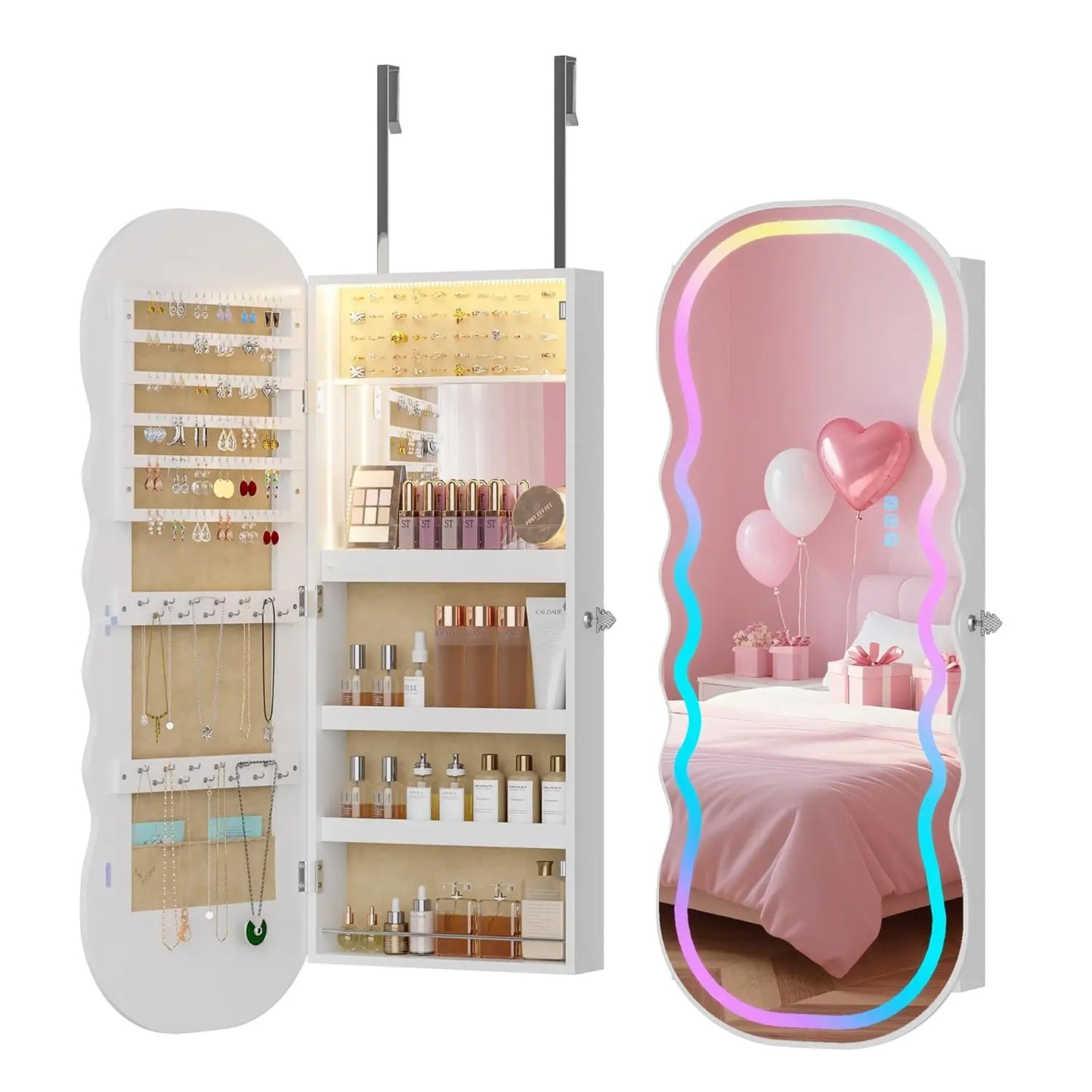 LED Mirror Jewelry Cabinet - with RGB lights,Lockable Wall/Door Mounted Full Length Mirror with Storage,Hanging, Customized