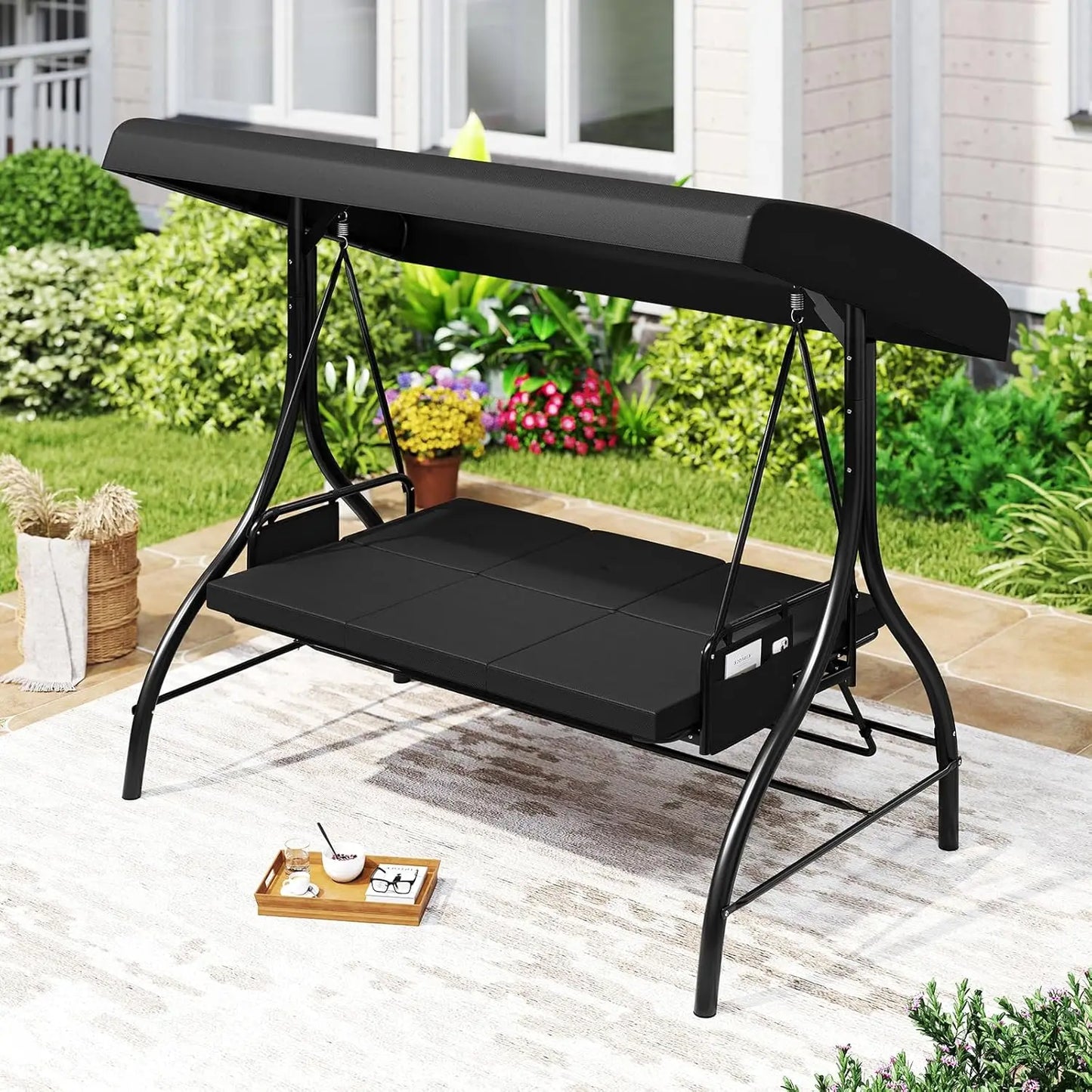 3 Person Porch Swing, 2-in-1 Convertible Outdoor Swing with Adjustable Canopy, Removable Cushions, Metal Frame,, Customized