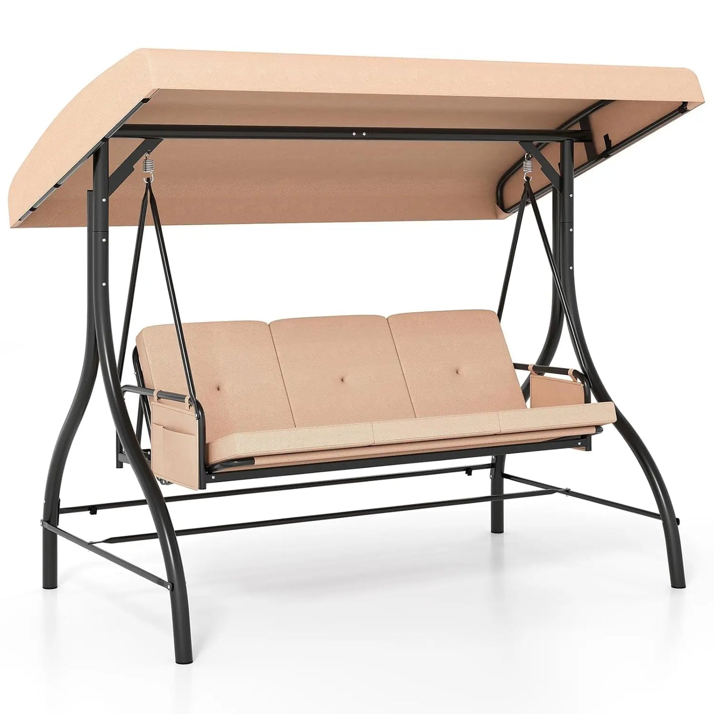 3 Person Porch Swing, 2-in-1 Convertible Outdoor Swing with Adjustable Canopy, Removable Cushions, Metal Frame,, Customized