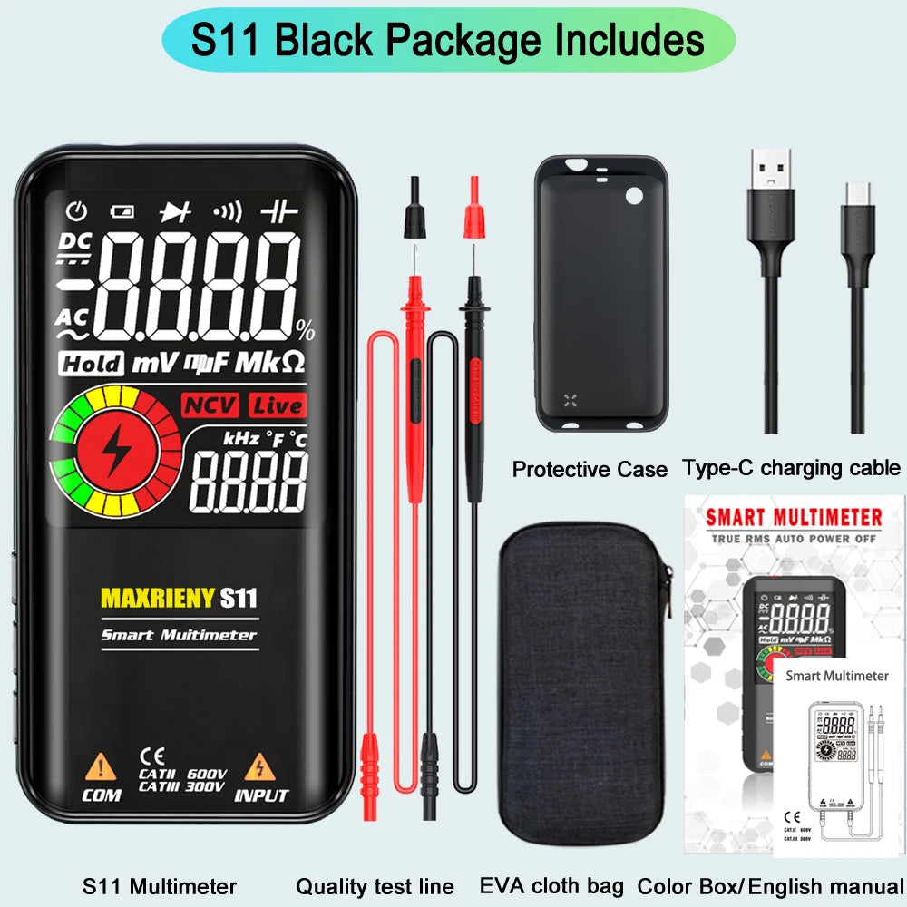 MAXRIENY Smart Digital Multimeter USB Rechargeable True RMS EBTN DC AC Voltage Capacitance Ohm Diode NCV Hz Live WireTester