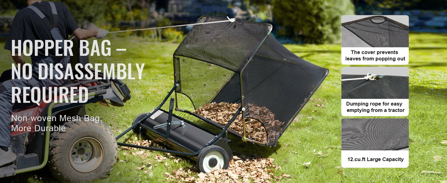 SucceBuy 42-inch Lawn Sweeper Tow Behind 12 cu.ft.Heavy Duty Leaf Grass Collector Adjustable Height for Picking Up Debris Grass
