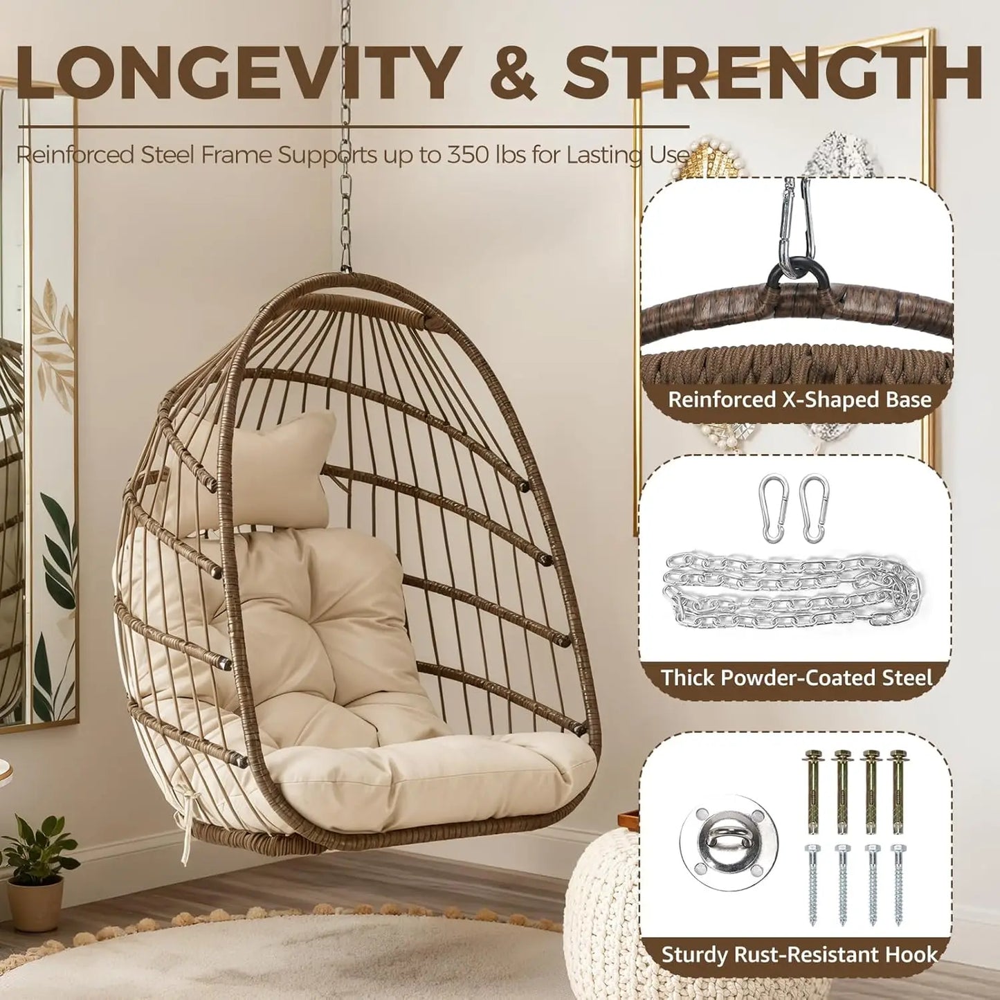 Outdoor Hanging Egg Chair Without Stand, Patio Wicker Swing Egg Basket Chairs with Padded Cushions, 350 Lbs Ceiling, Customized
