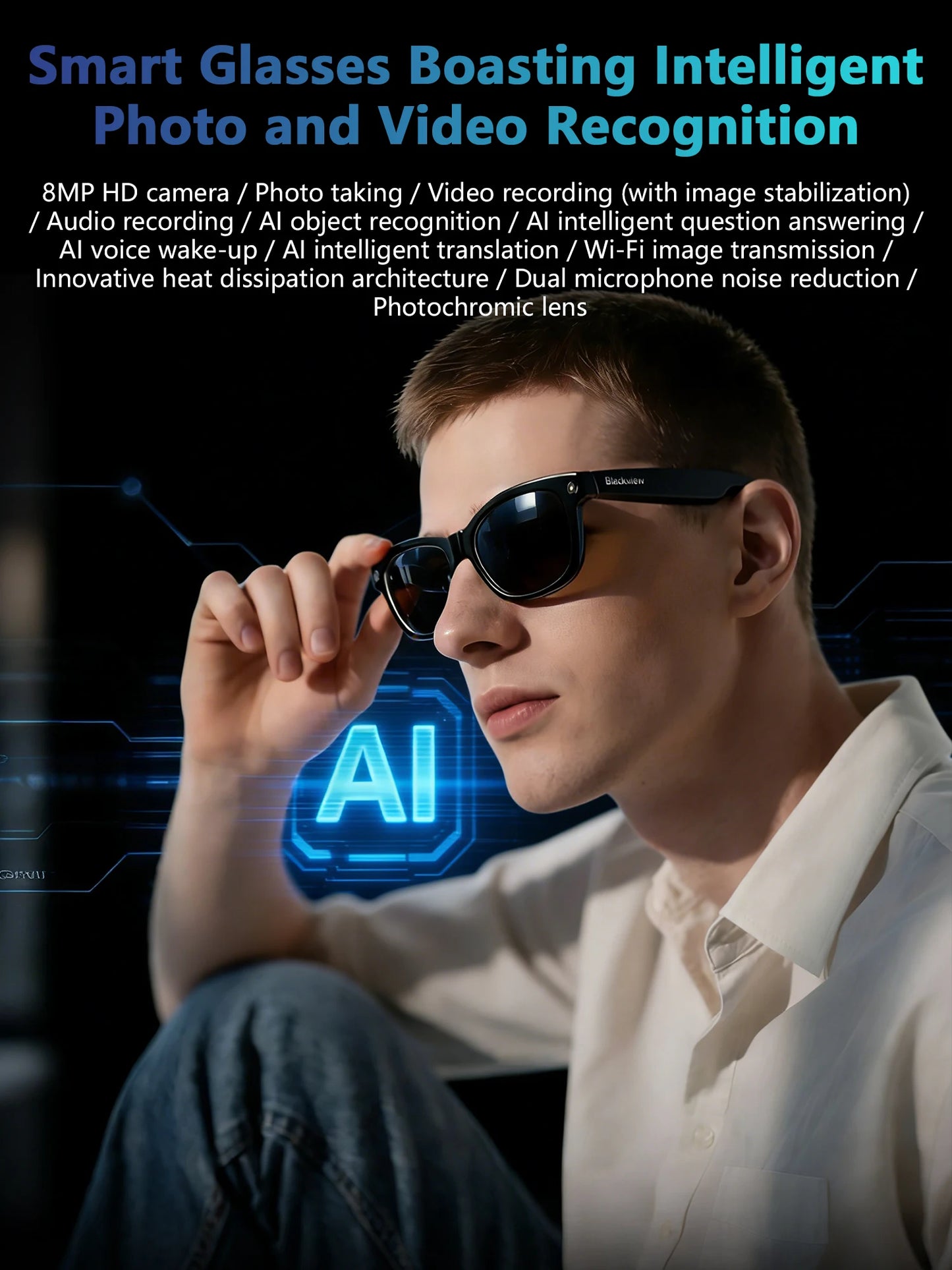 Blackview BV100 AI Smart glasses 800W Pixels 2K HD Camera Bluetooth Call Voice Assistant Translation Speakers&Mic Sunglasses