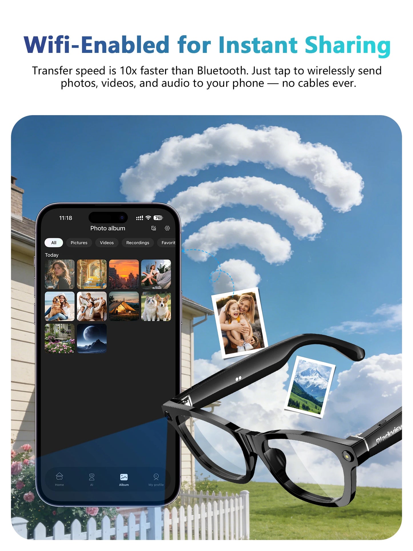 Blackview BV100 AI Smart glasses 800W Pixels 2K HD Camera Bluetooth Call Voice Assistant Translation Speakers&Mic Sunglasses