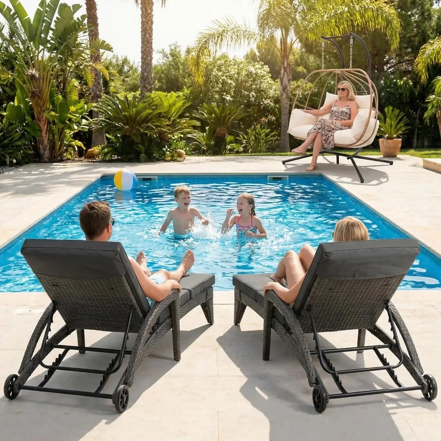 4-Position Adjustable Upholstered Chaise Lounge Set 2 Wicker Reclining Chair Wheels Pool Deck Beach Yard, Custom