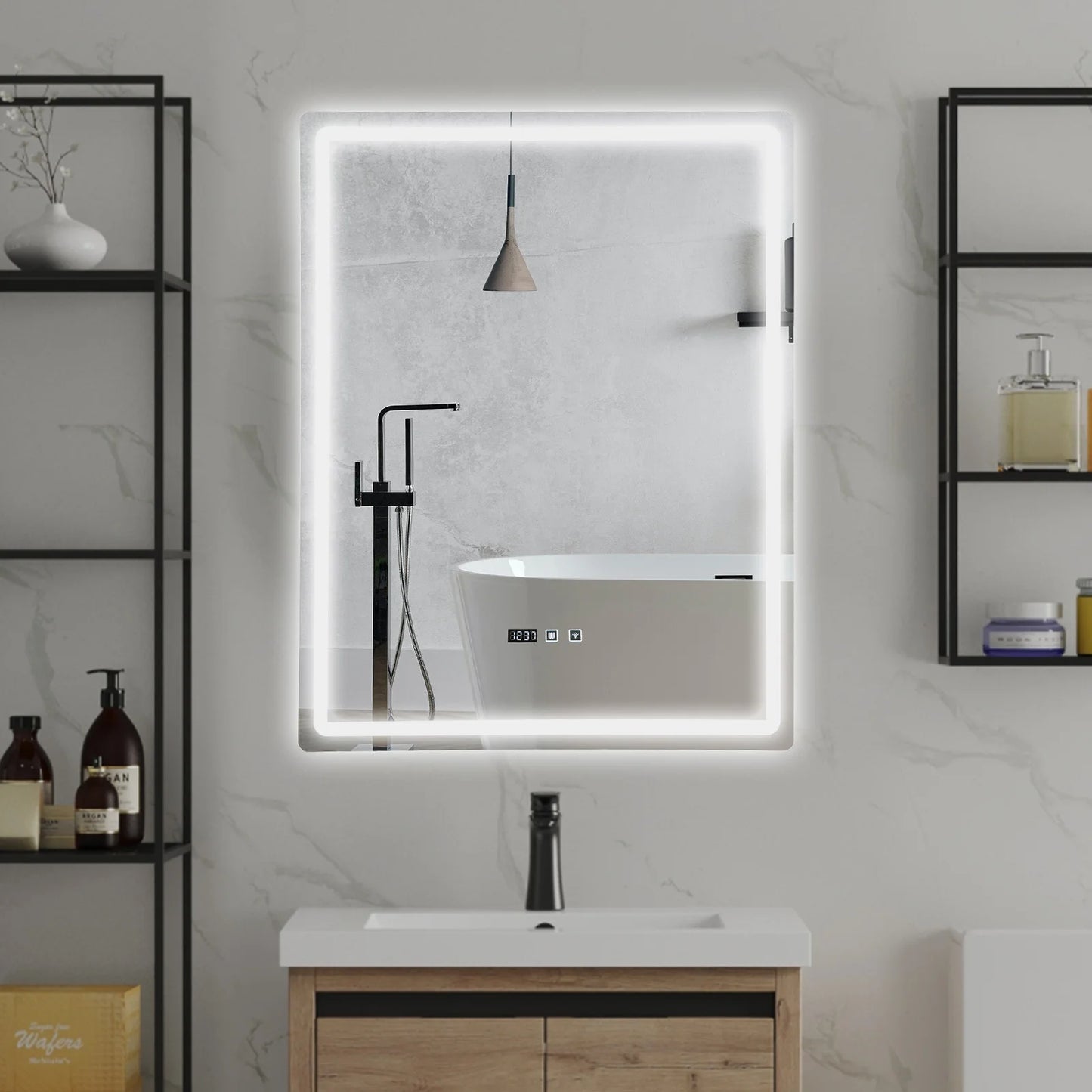 Tri-Color Dimmable LED Bathroom Mirror with Display Demist Touch IP54 Waterproof Wall Mounted Rectangle Makeup Mirror 3 size