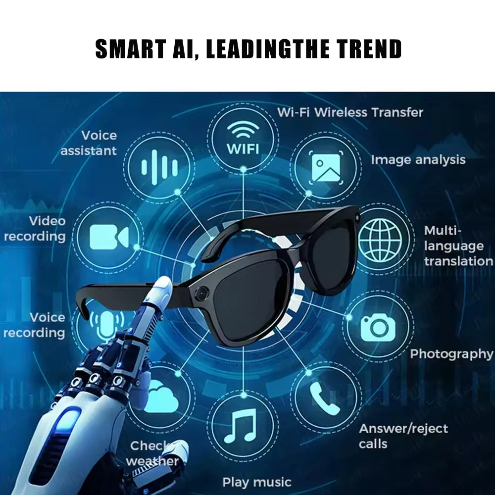 SENBONO Smart Glasses With AI Translator 8MP Camera 4K HD Take Videos And Photo Sunglasses BT Call for Men Women Fashion Glasses