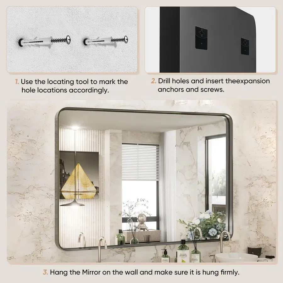 Black Vanity Bathroom Mirror for Wall, Metal Framed Rounded Rectangular Modern Mirrors for Over Sink, 30x40 Inch for Farmhouse,