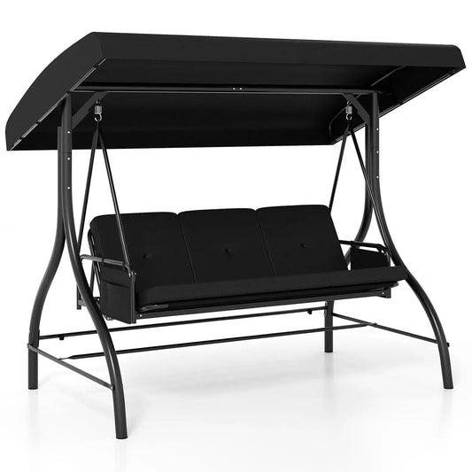 3 Person Porch Swing, 2-in-1 Convertible Outdoor Swing with Adjustable Canopy, Removable Cushions, Metal Frame,, Customized