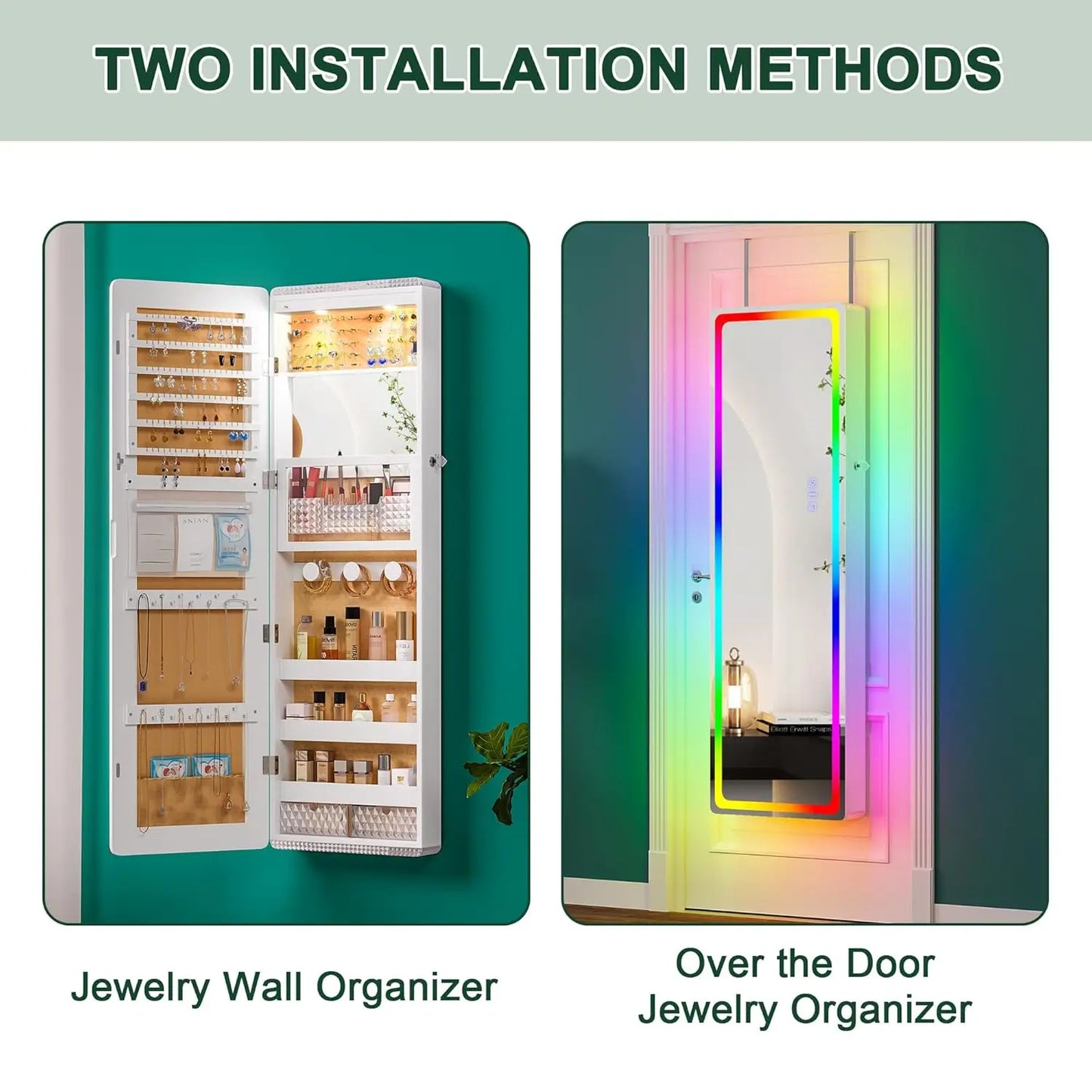 LED Mirror Jewelry Cabinet - with RGB lights,Lockable Wall/Door Mounted Full Length Mirror with Storage,Hanging, Customized