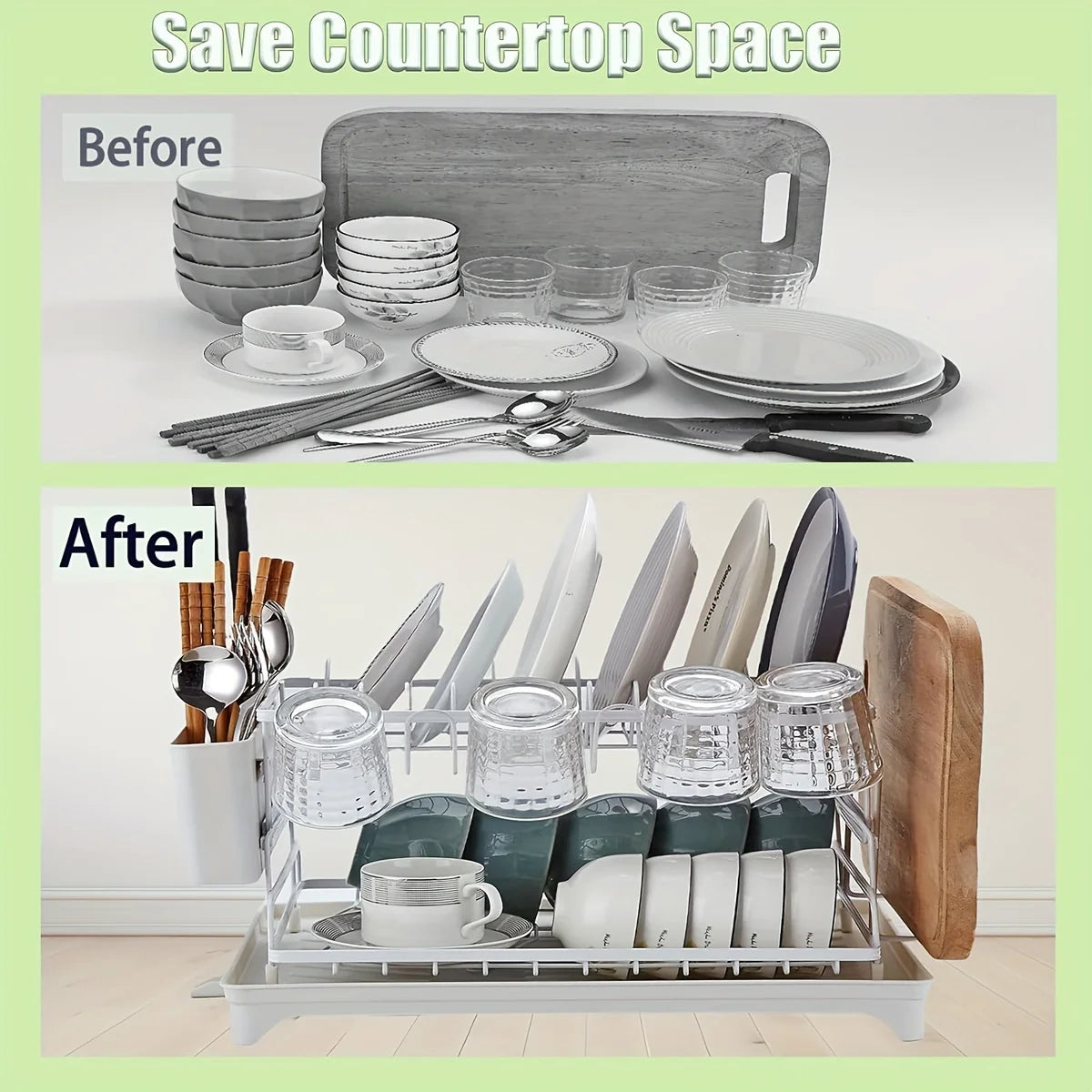 Kitchen Utensil Drying Rack with Drainage Tray, 2 Tier Detachable Dish Rack for Kitchen Counter, Large Capacity Dish Drainer Org