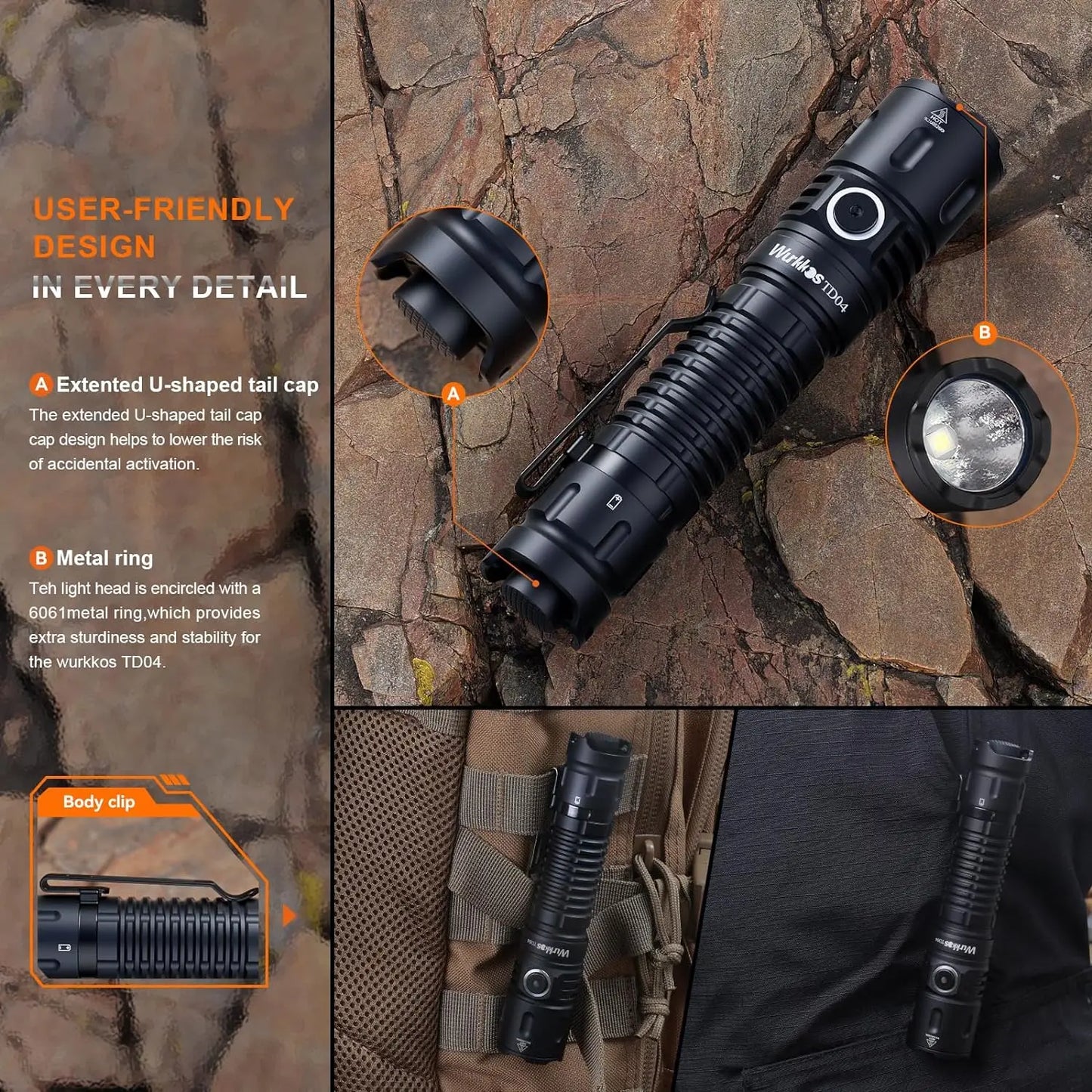 Wurkkos TD04 Flashlight 21700 Rechargeable Dual-Mode Tactical Flashlight USB-C Interface 3000 Lm Everyday Carry with Tail Switch