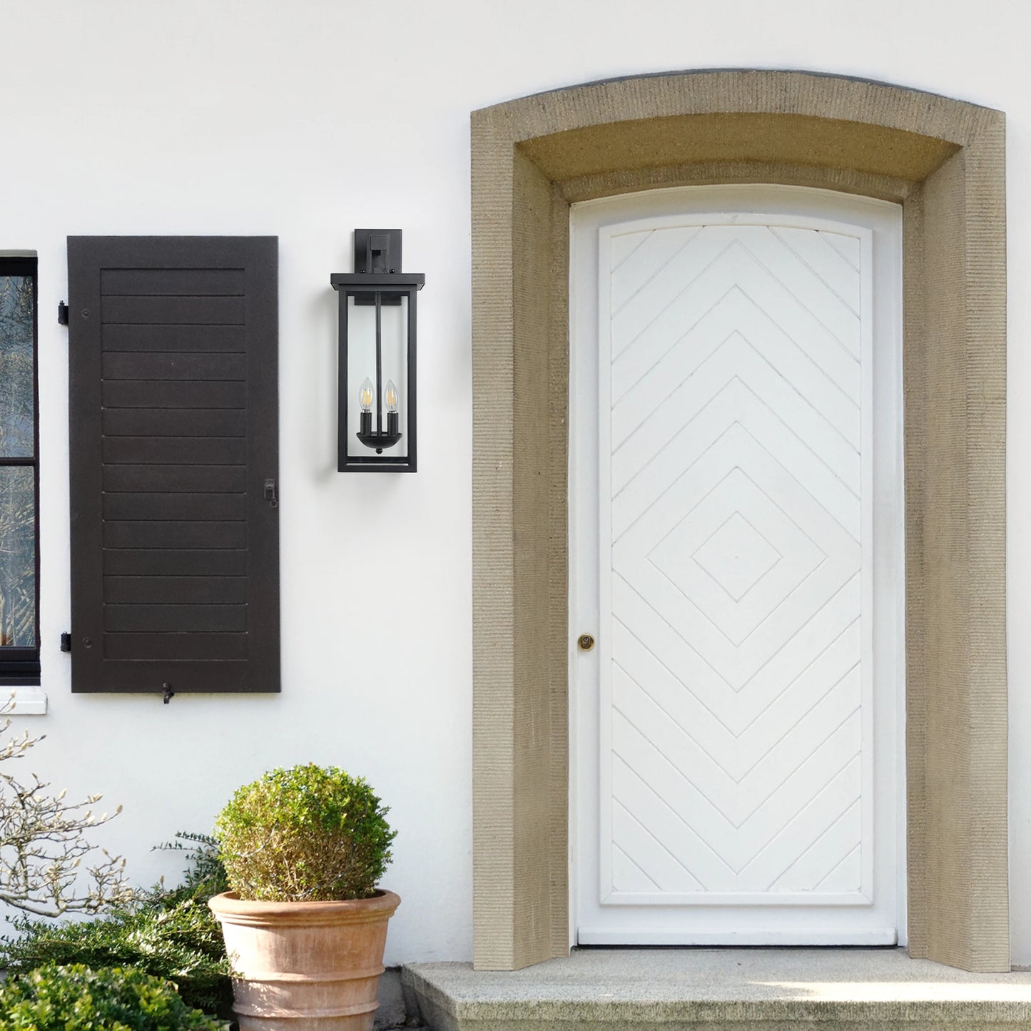 22"(H) Outdoor Wall Lantern with Dusk to Dawn Sensor Matte Black Finish Clear Glass Panels Weatherproof Exterior Light