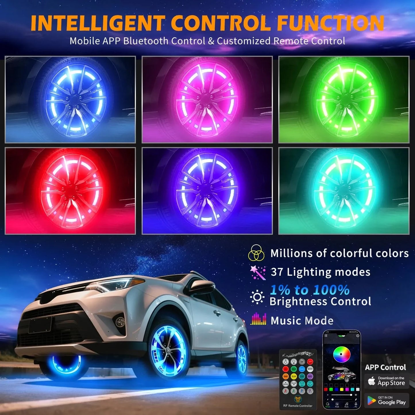 RGB Car Hub Lamp Kit With Waterproof LED Strip Lights