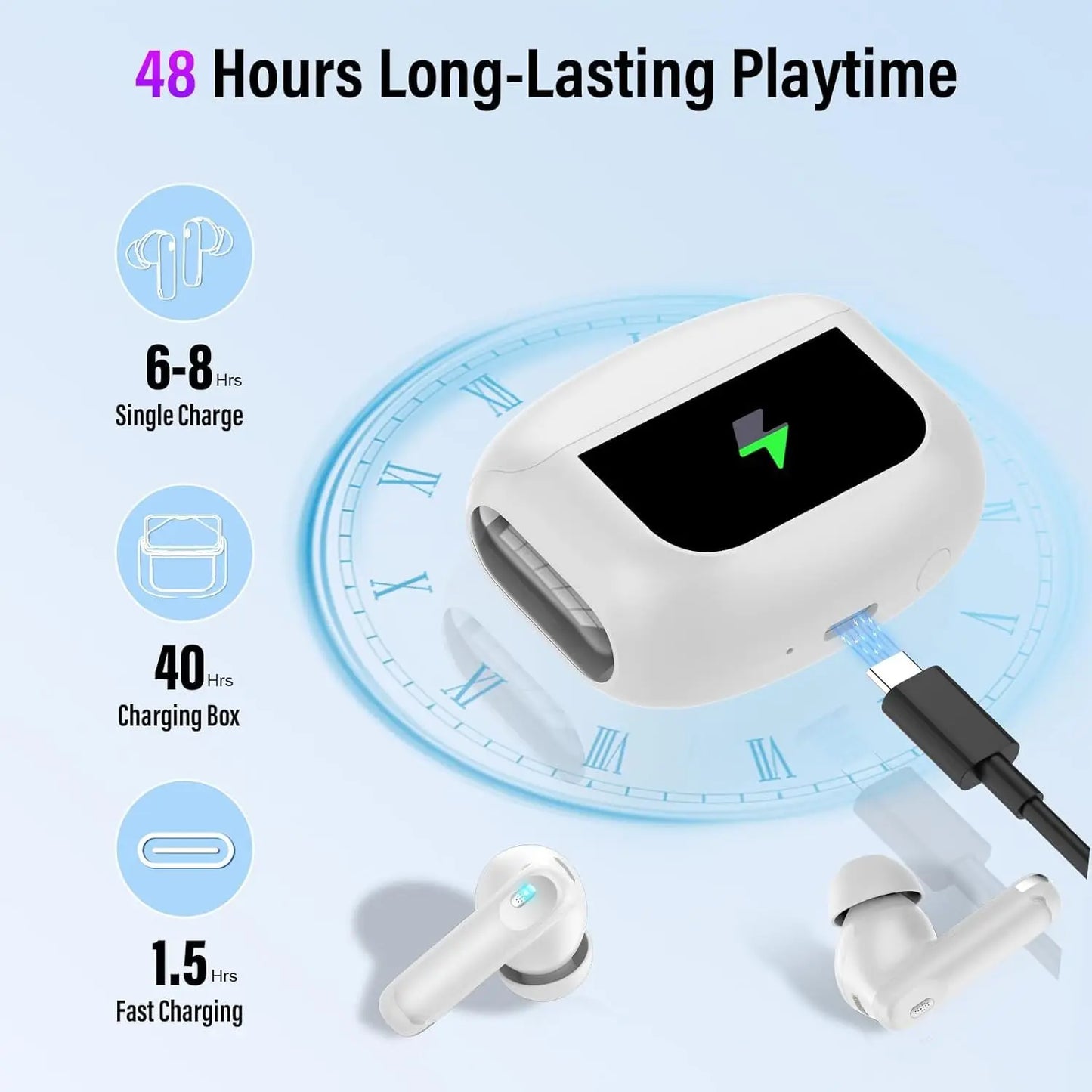 Kuizil Touch Screen Earbuds With ANC 48H Battery Smart Case