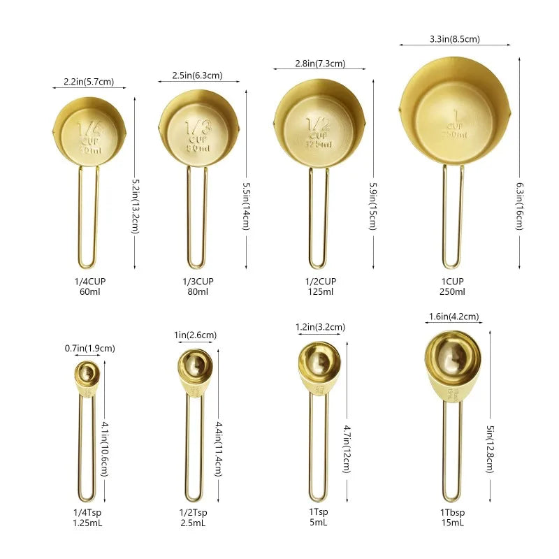 Gold Measuring Cups And Spoons 8 Pieces With Wooden Handles