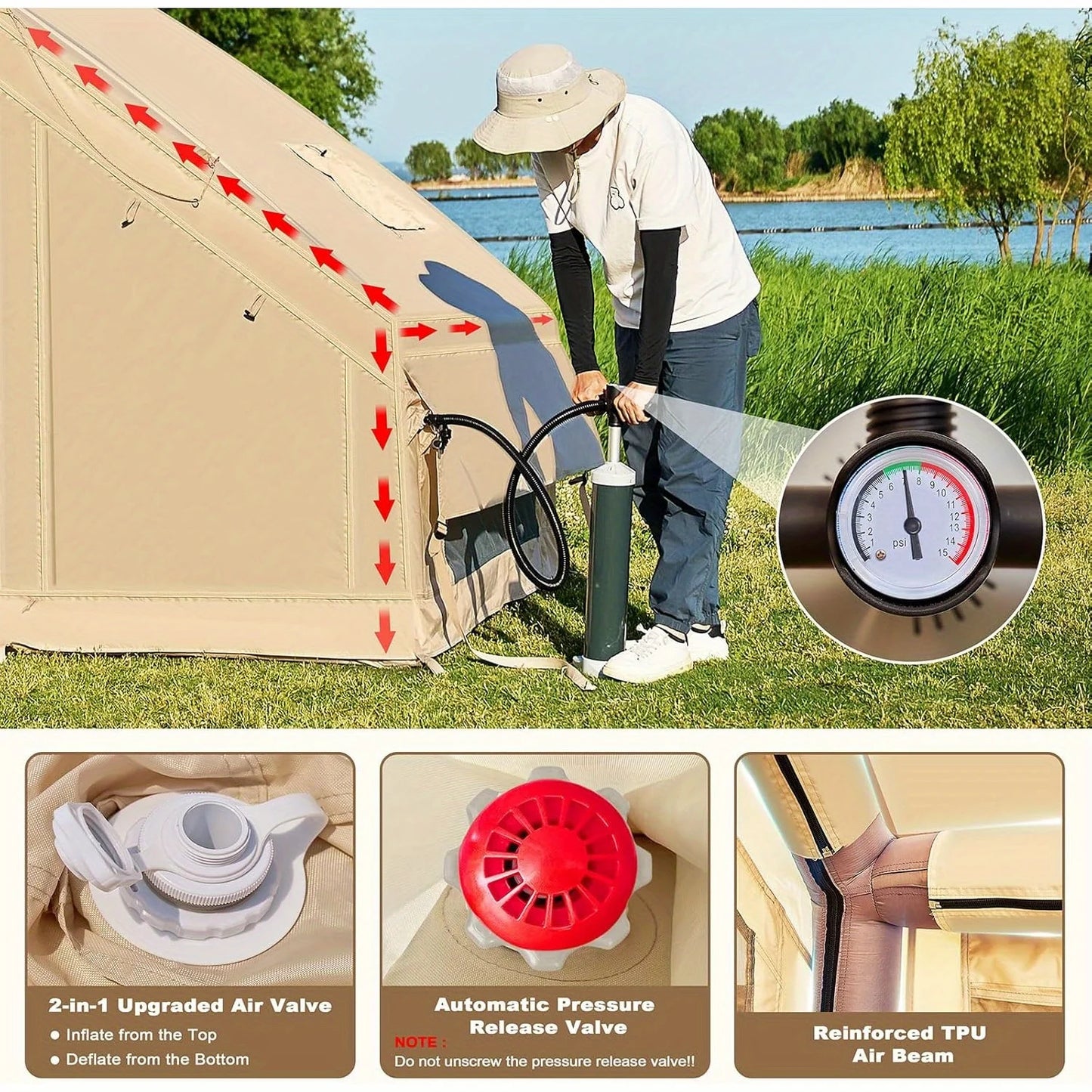 Inflatable tent camping for 1-6 people, hand pump inflation large tent, with skylight and chimney waterproof oxford cloth all