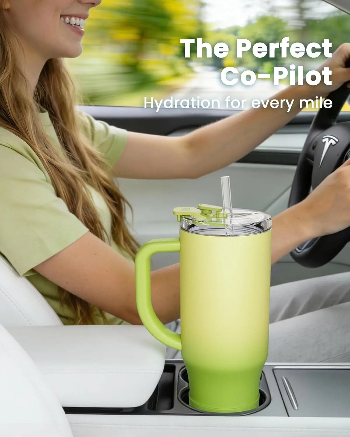 Leak-Proof Insulated Tumbler with Handle for Hot & Iced Drinks, Fits Car Cup Holder, BPA-Free, 32 oz Green Gradient