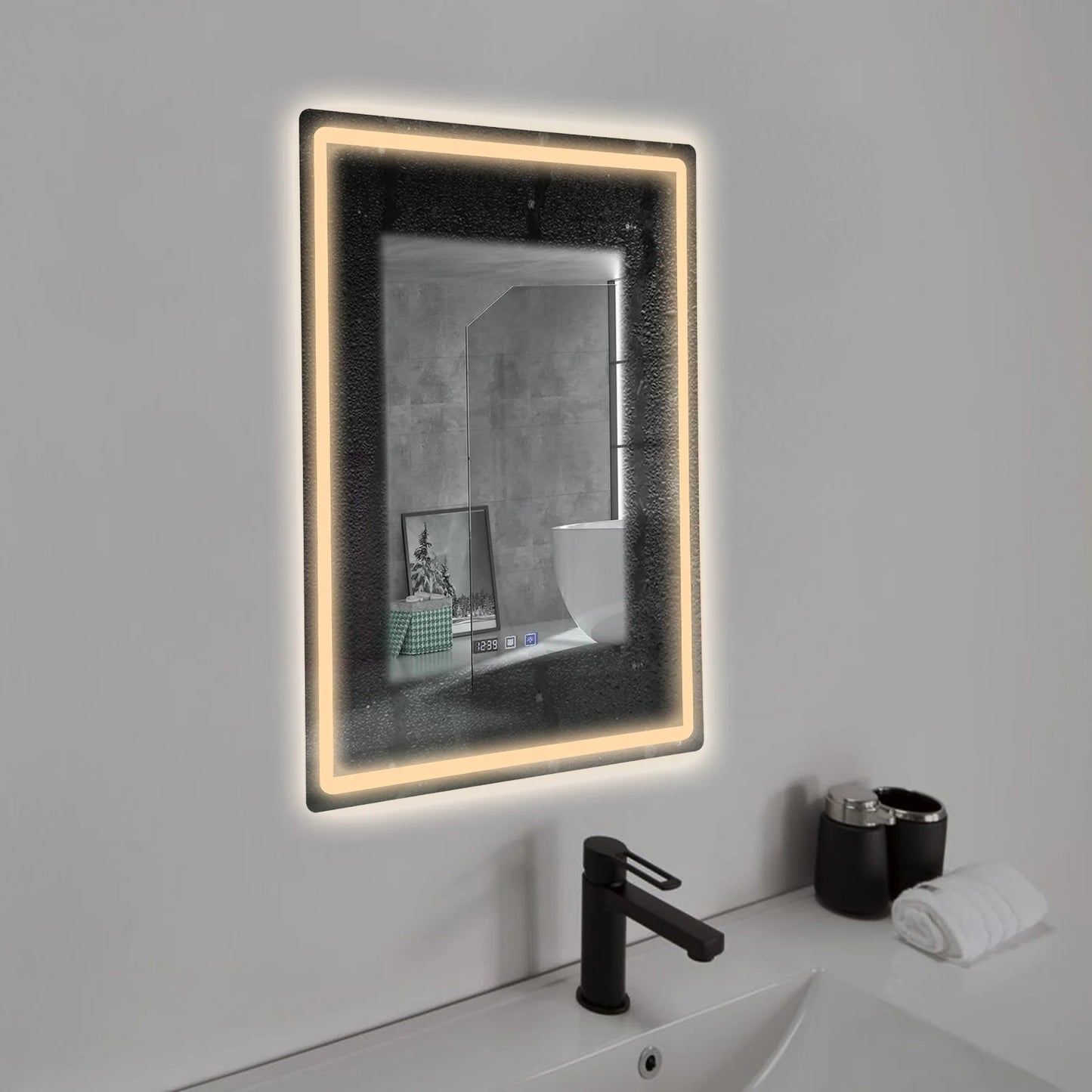 Tri-Color Dimmable LED Bathroom Mirror with Display Demist Touch IP54 Waterproof Wall Mounted Rectangle Makeup Mirror 3 size