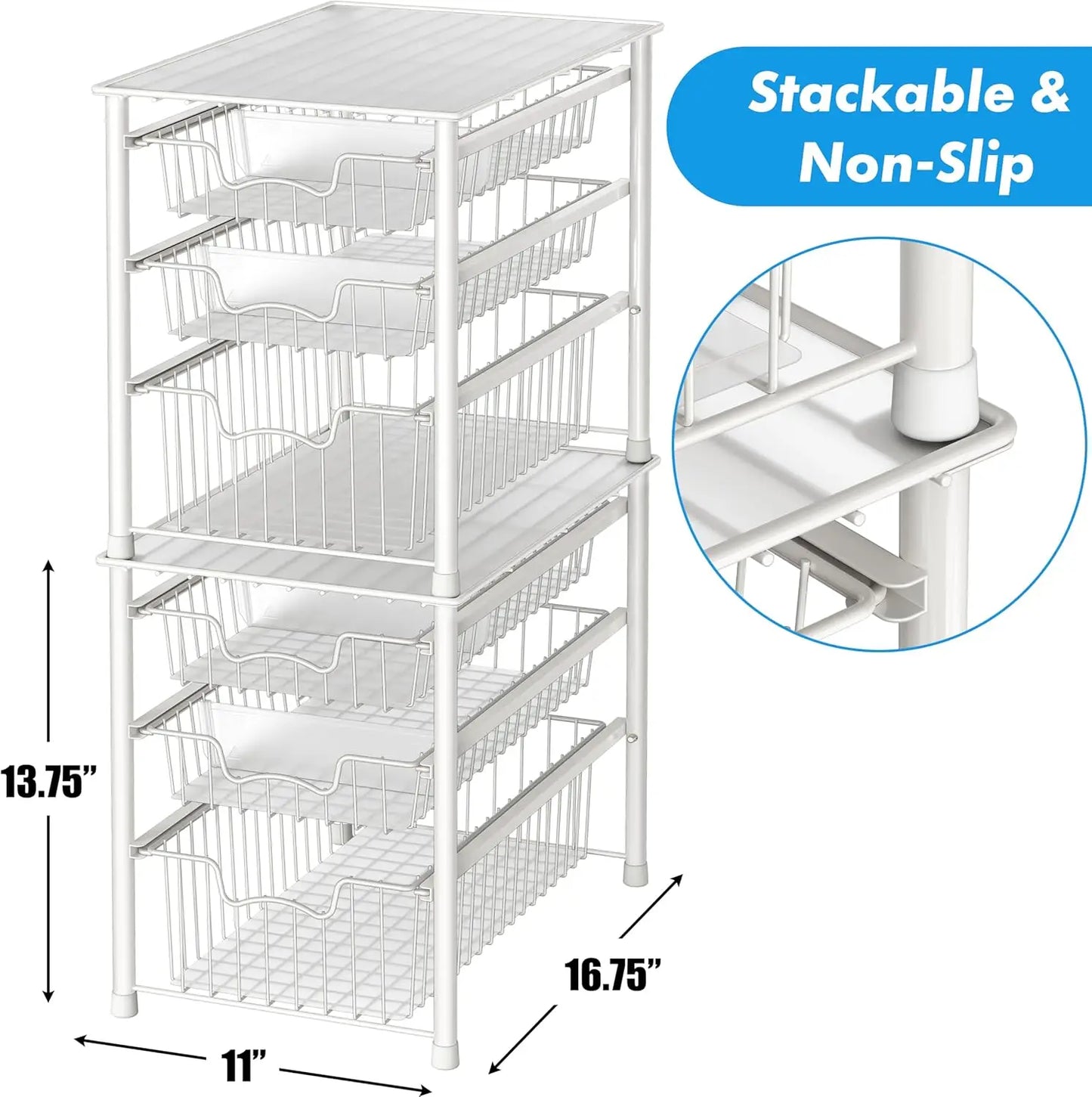 3-Tier Stackable Sliding Basket Storage Organizer Drawer for Bathroom and Kitchen, White