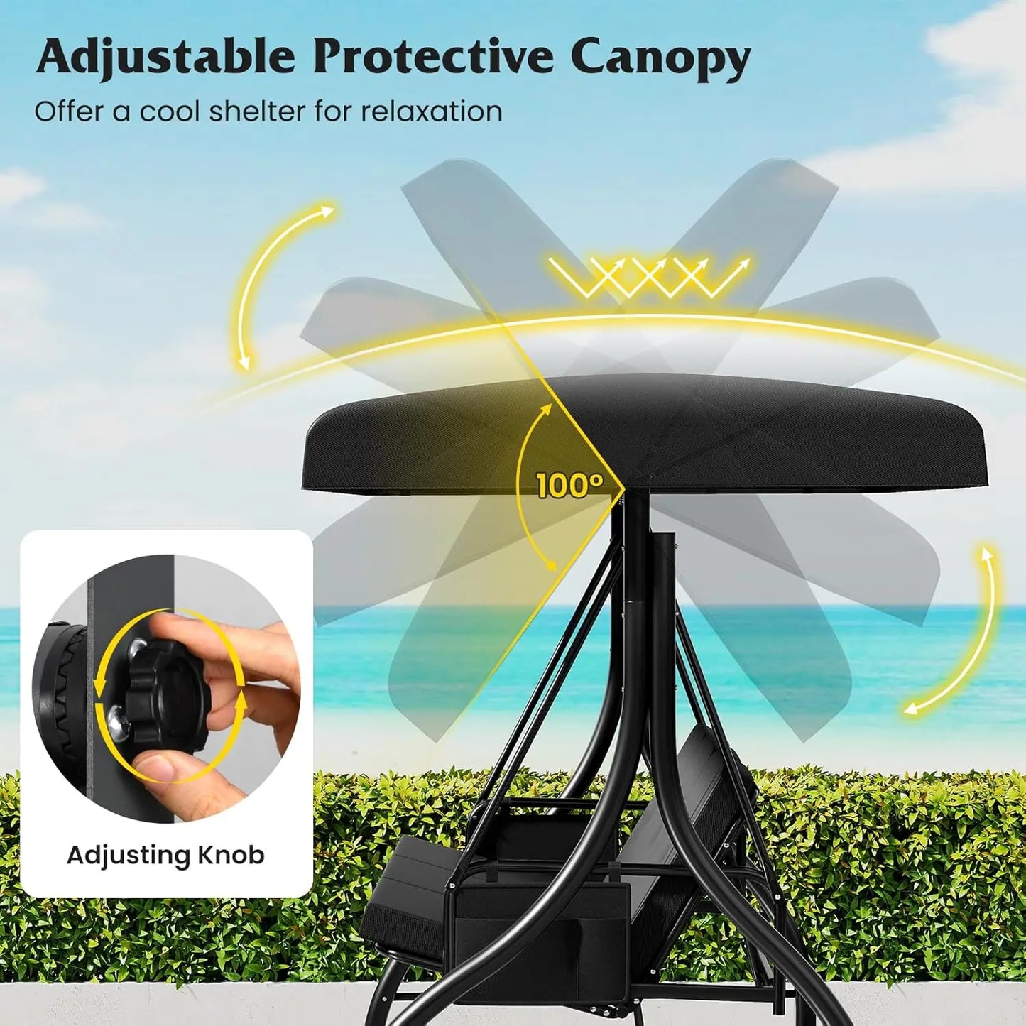 3 Person Porch Swing, 2-in-1 Convertible Outdoor Swing with Adjustable Canopy, Removable Cushions, Metal Frame,, Customized