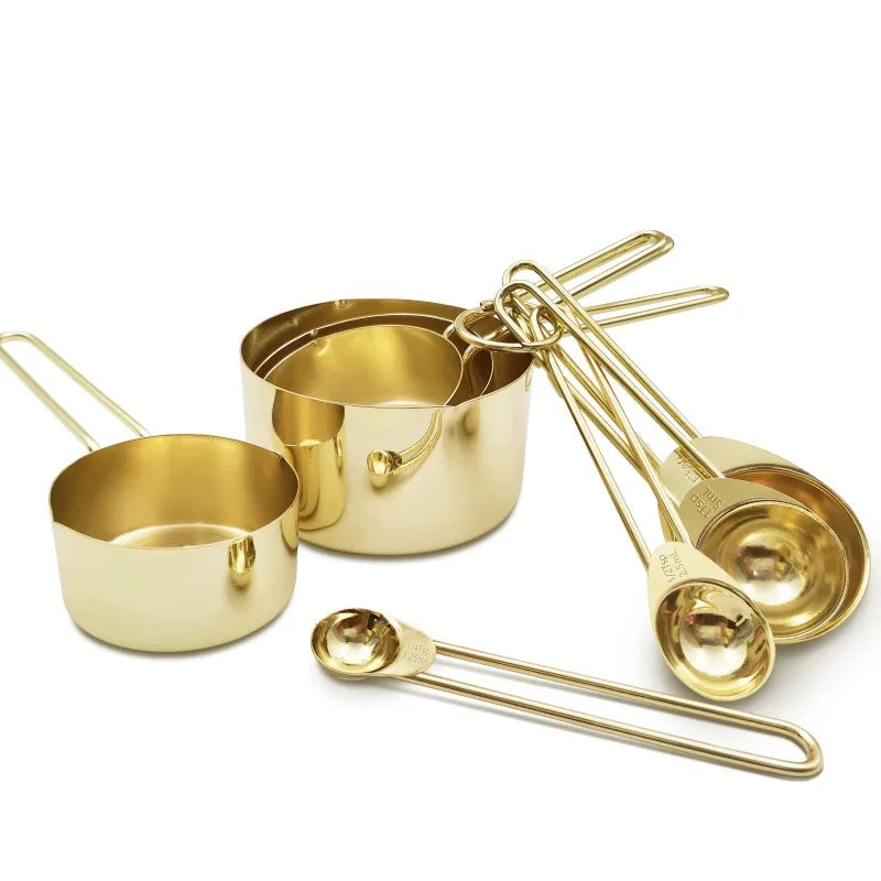 Gold Measuring Cups And Spoons 8 Pieces With Wooden Handles