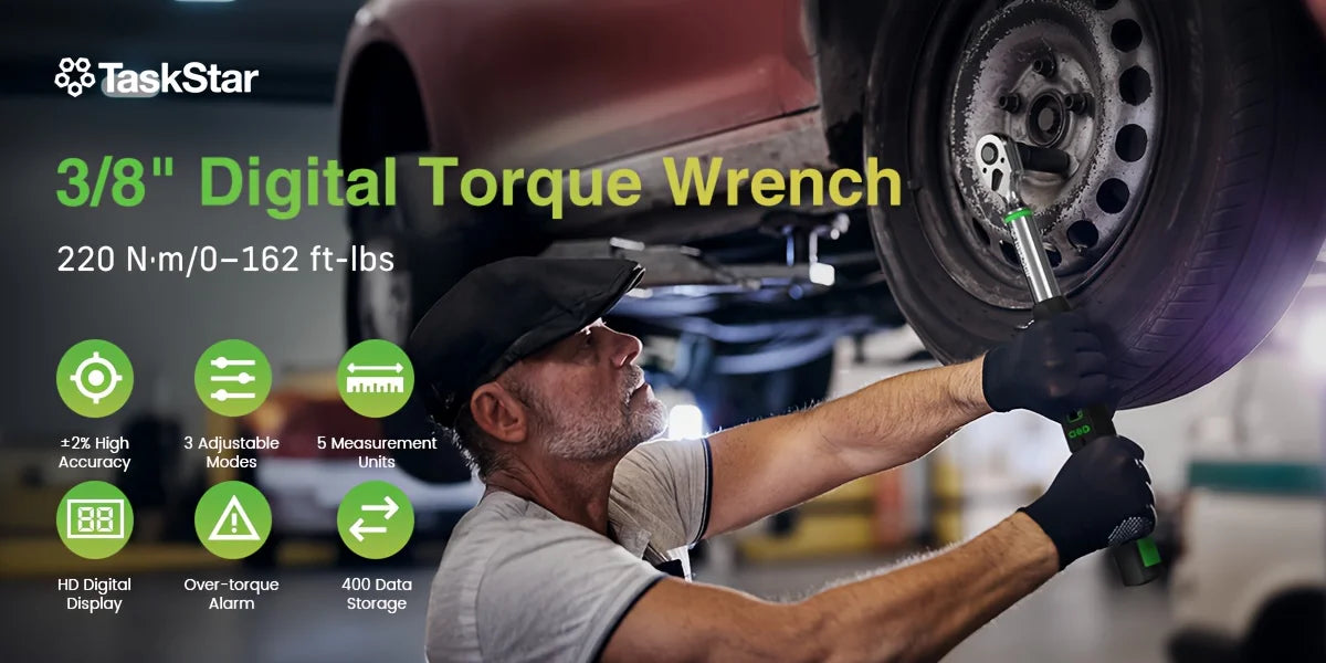 TaskStar 3/8'' Digital Torque Wrench w/1/4 1/2-inch Adapter Bidirectional Ratchet Head Mini Electronic Torque Wrench 2% Accuracy