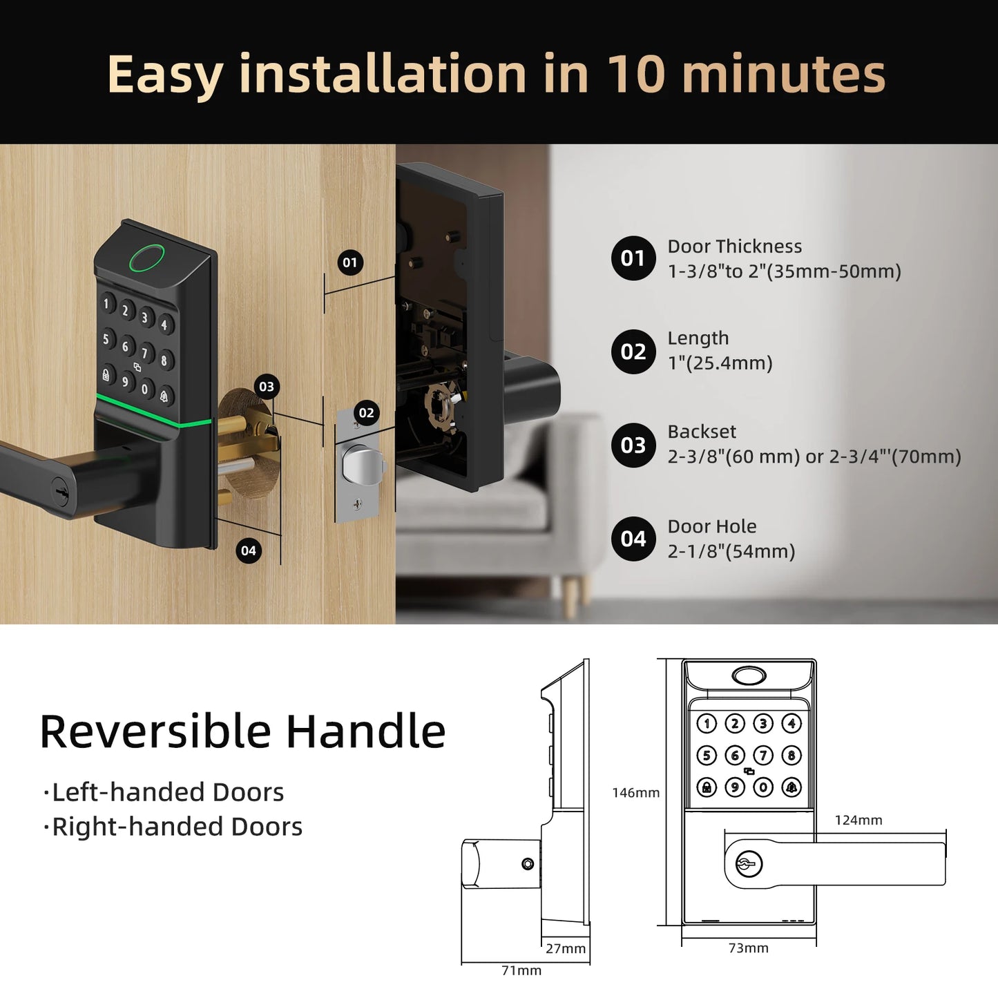 Viladepot Smart Lock Fingerprint Door Lock TYPE-C Interface App Control Passcode Unlock Electronic Touchscreen Keypad Handle