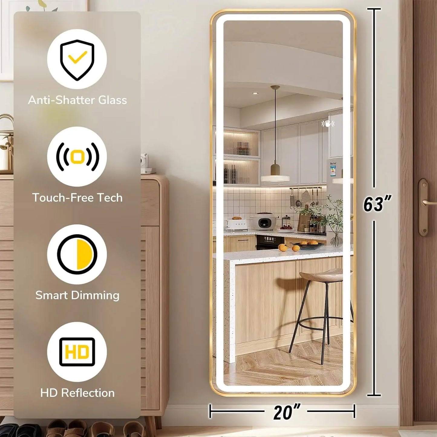 63x20 Inch Smart Mirror with Touch-Free Gesture Control, Adjustable LED Lighting, Shatterproof Frame for Bathroom or Gym