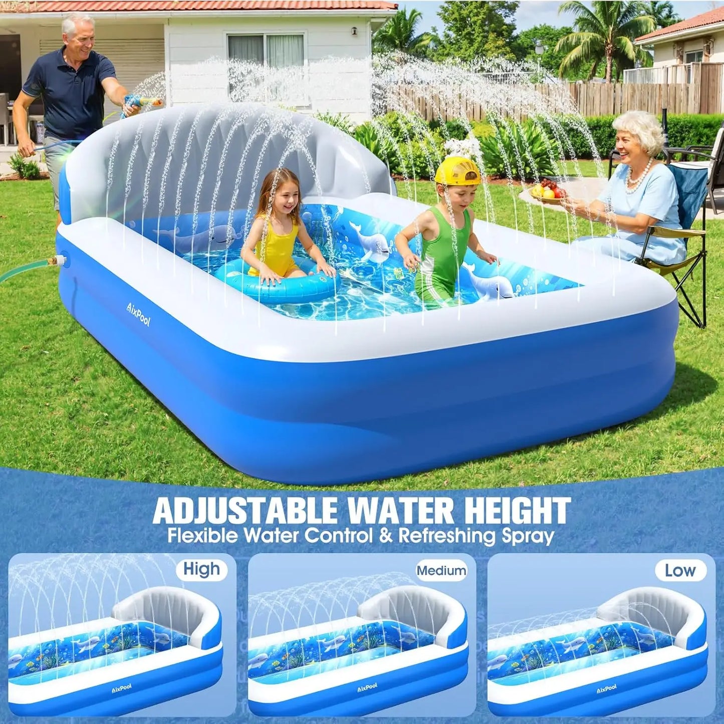 Rectangular Inflatable Pool With Sprinkler Big Backrest For Kids