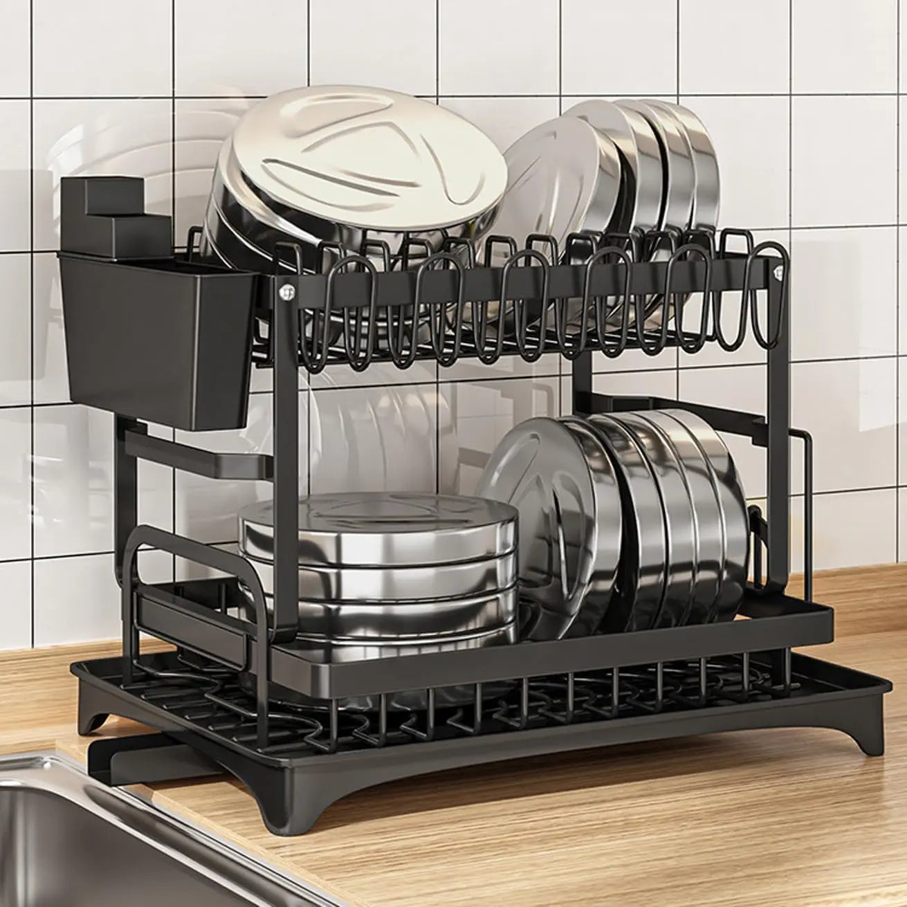 Kitchen Utensil Drying Rack with Drainage Tray, 2 Tier Detachable Dish Rack for Kitchen Counter, Large Capacity Dish Drainer Org