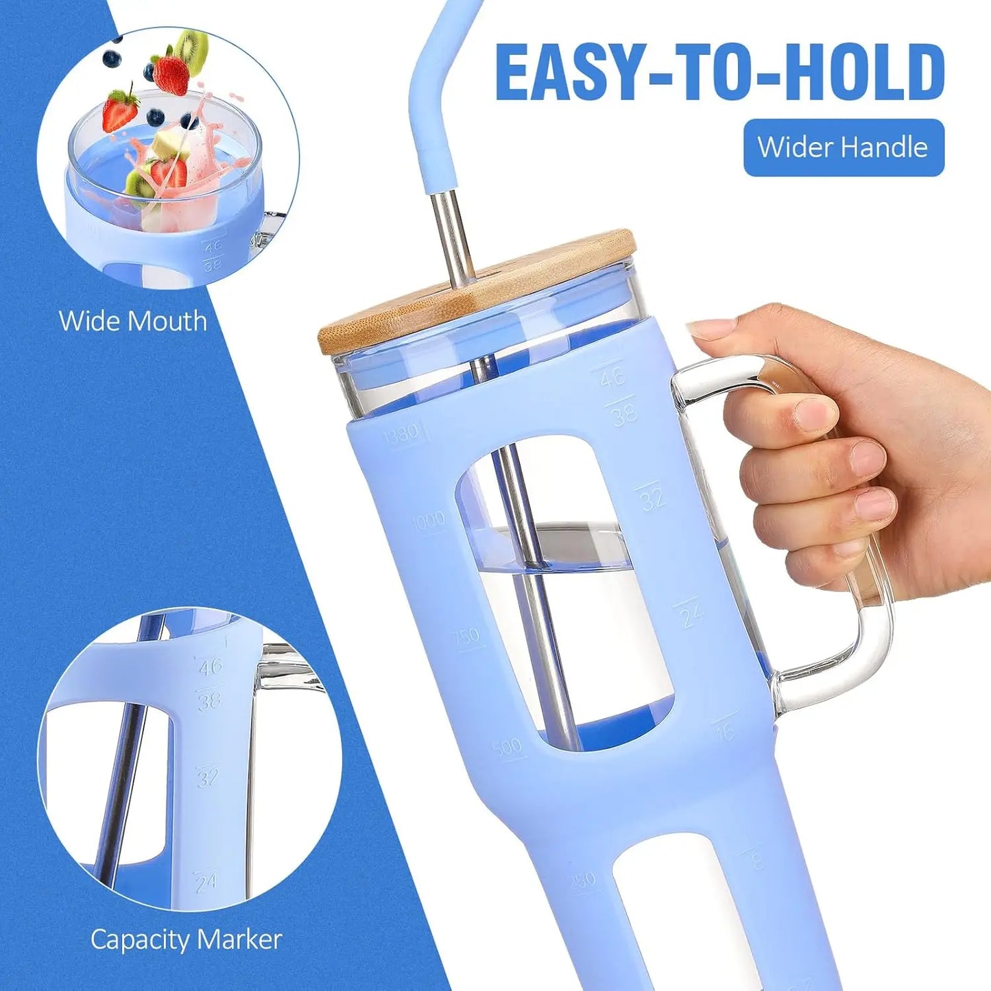 46oz Glass Tumbler with Lid, Straw & Handle - BPA Free, Dishwasher Safe for Iced Coffee and Water