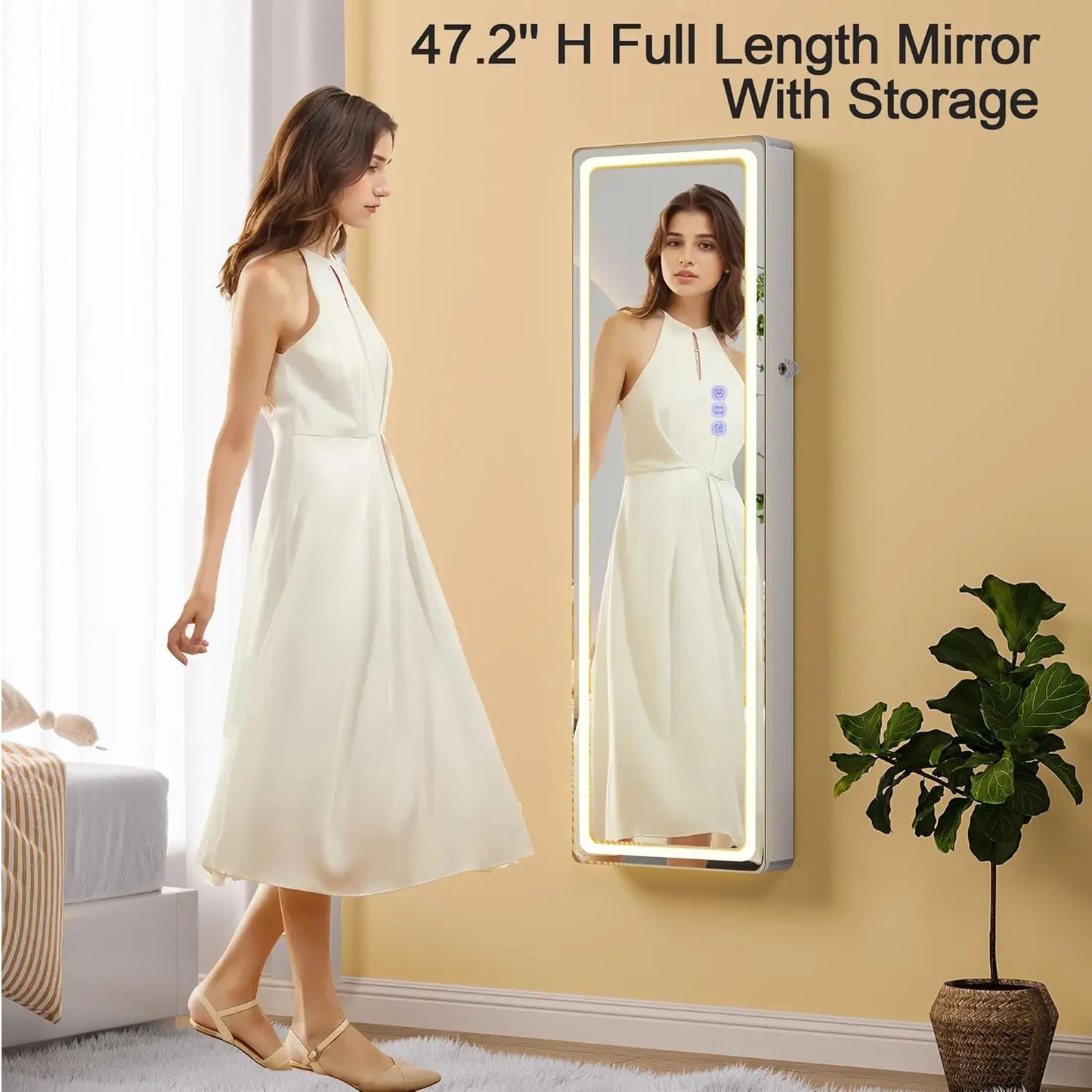 LED Mirror Jewelry Cabinet - with RGB lights,Lockable Wall/Door Mounted Full Length Mirror with Storage,Hanging, Customized