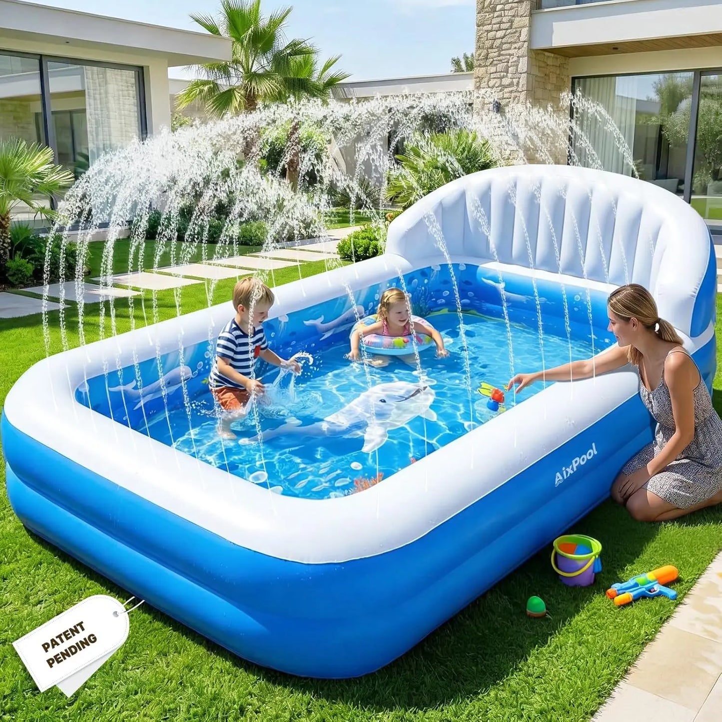 Rectangular Inflatable Pool With Sprinkler Big Backrest For Kids