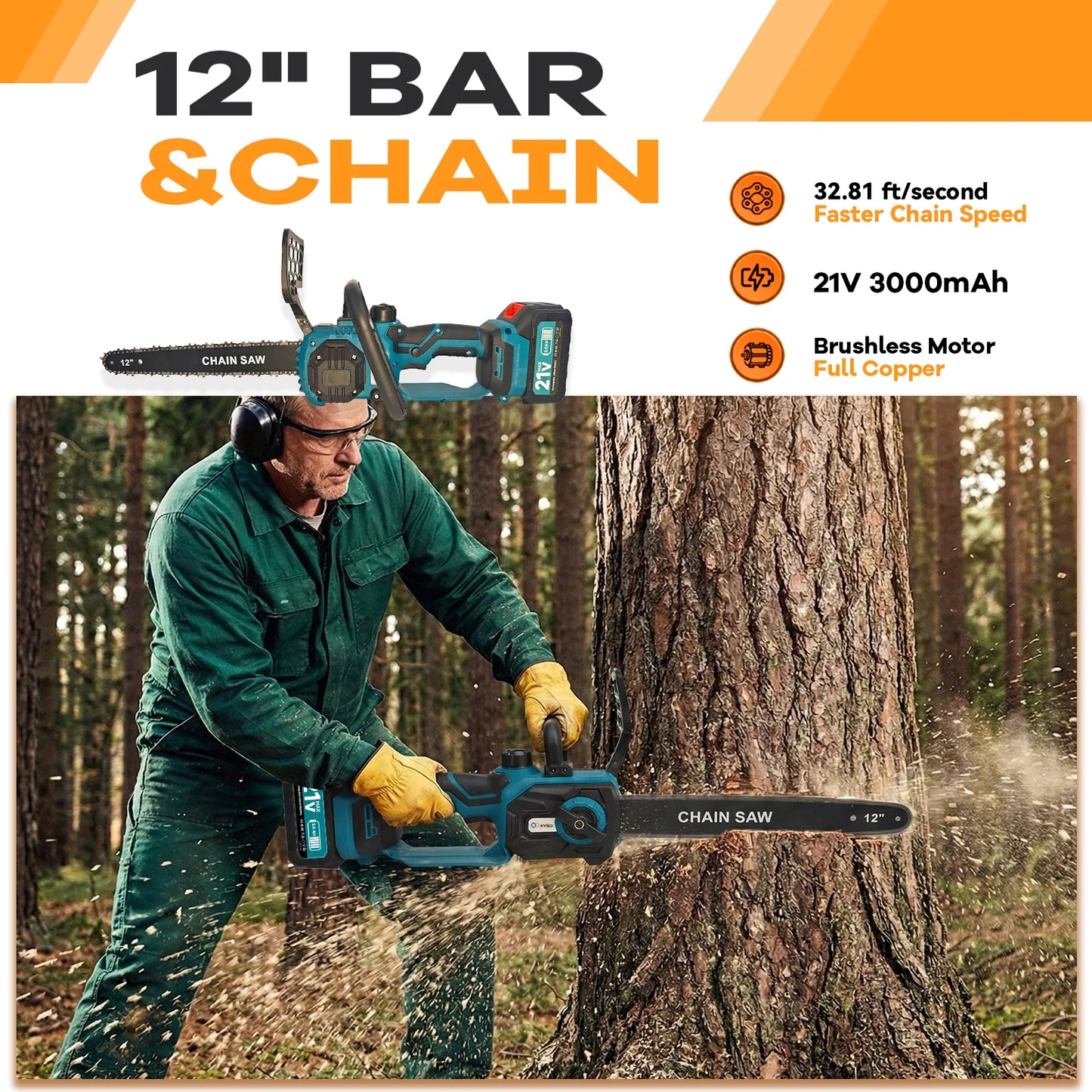 XYSD 12 in Electric Chainsaw Cordless, 21v ,2x3000mah Battery Handheld Chainsaw for Tree Trimming Electric Tree Trimmer Saw