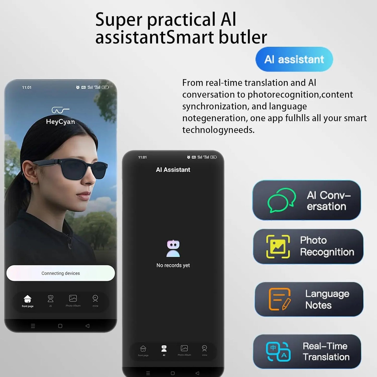 SENBONO Smart Glasses With AI Translator 8MP Camera 4K HD Take Videos And Photo Sunglasses BT Call for Men Women Fashion Glasses