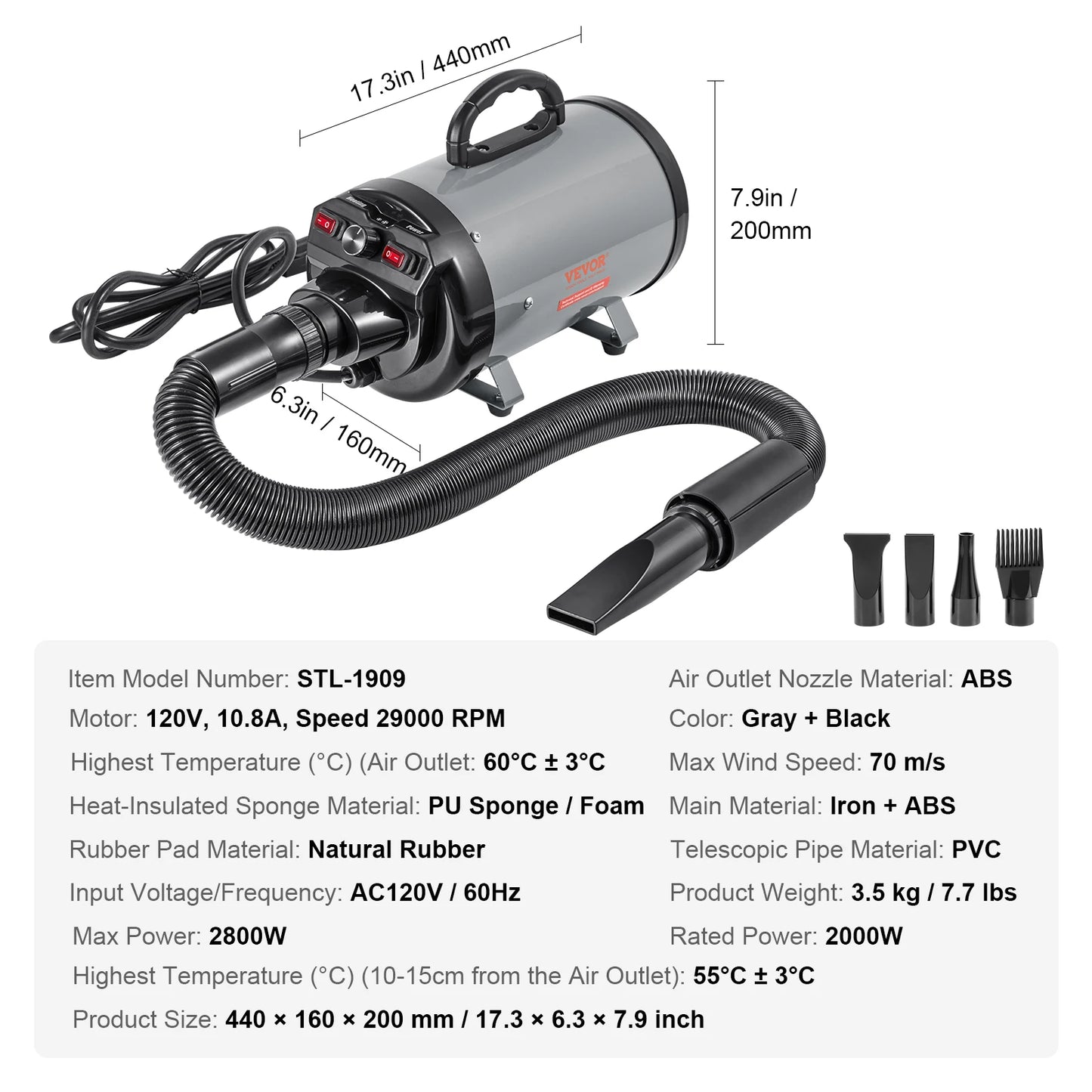 SucceBuy Dog Blow Dryer With Adjustable Speed And Extendable Hose