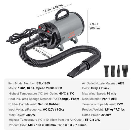 SucceBuy Dog Blow Dryer With Adjustable Speed And Extendable Hose