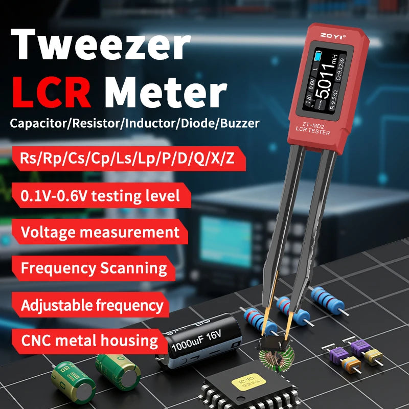ZOYI ZT-MD2 LCR Tweezer: Auto-ID, measures voltage/resistance/frequency(100KHz), continuity test. For electronics repair