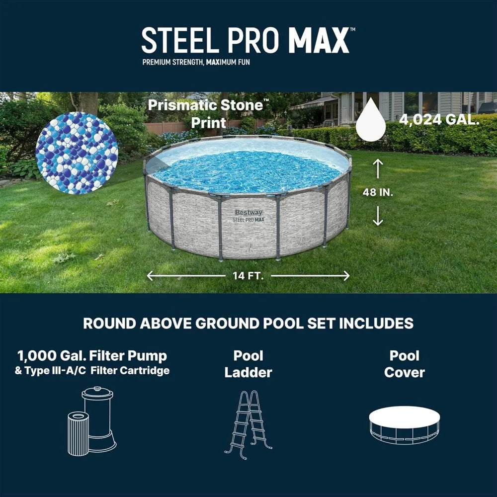 Steel Pro MAX 14' x 48" Above Ground Pool, Round Metal Frame Outdoor Swimming Pool Set with Filter Pump, Ladder, and, Custom