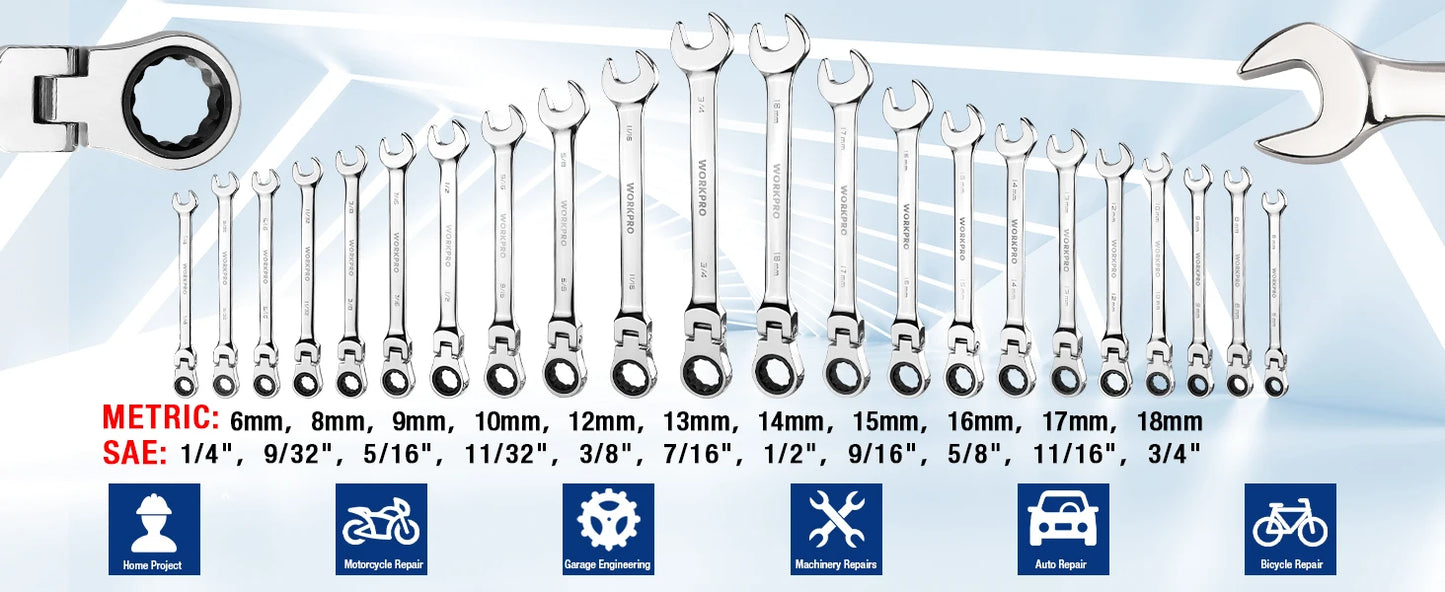 WORKPRO 21pc Ratcheting Wrench Set  with Box ,72 Teeth Wrench with Box, Wrench Repair  Tool Set